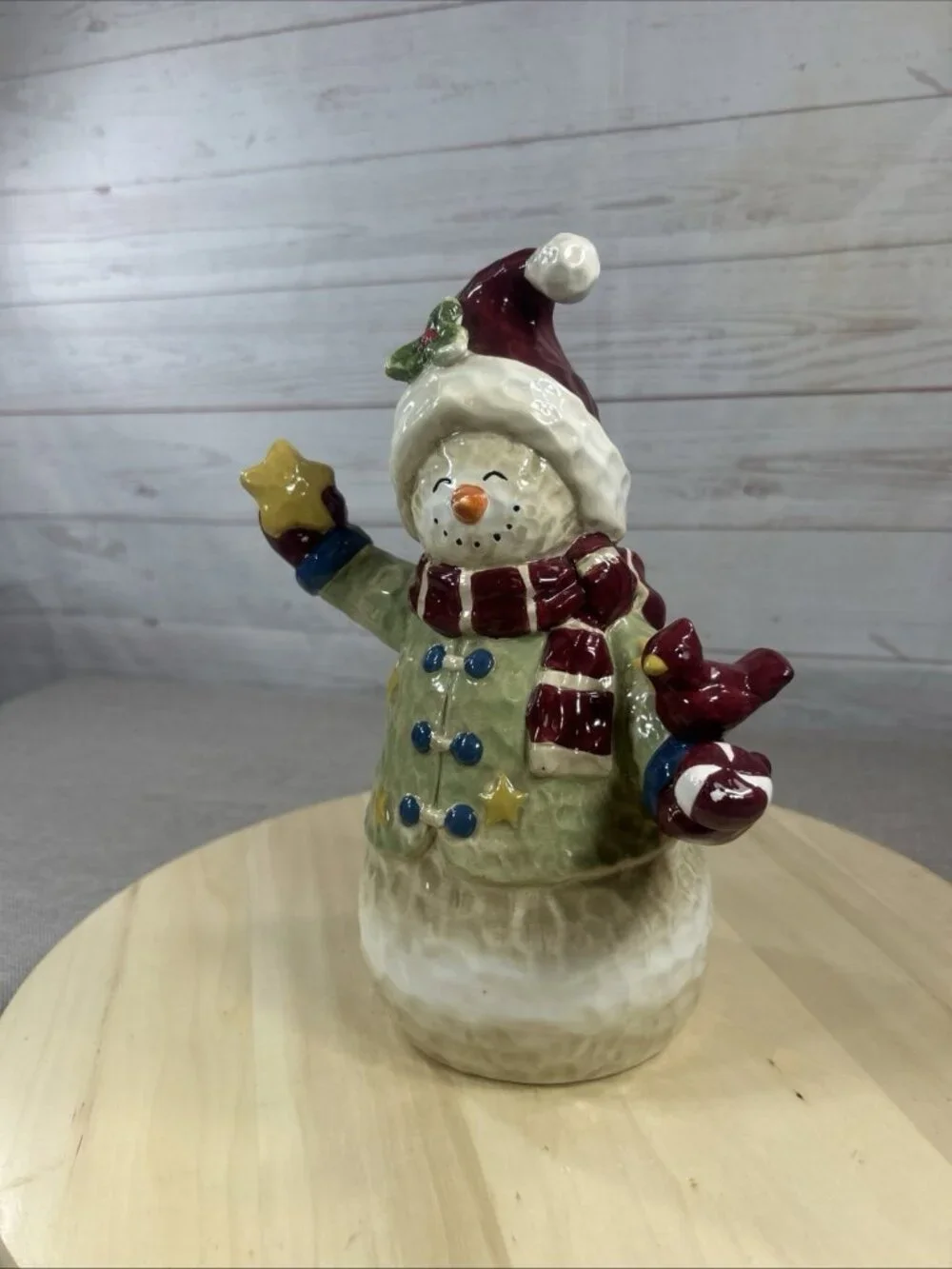 Vintage Painted Folk Art Farmhouse Pottery Snowman With cardinal & Star Decor